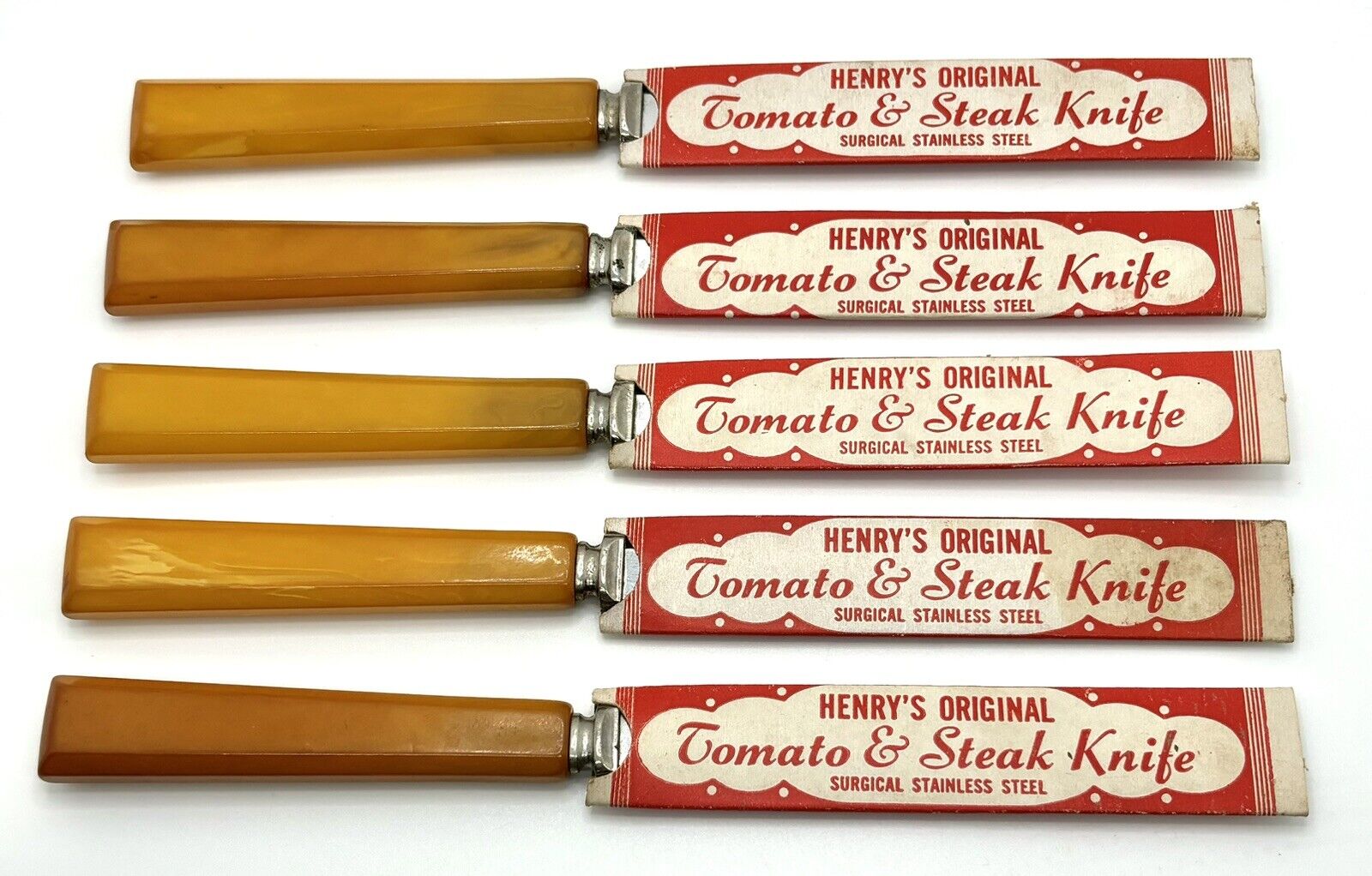 Set of  5 Vintage Henry's Original Tomato & Steak Knives Bakelite Handles