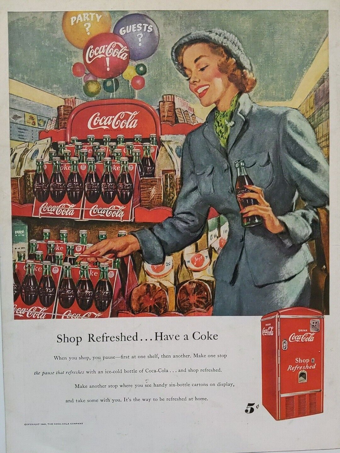 1949 vintage Coca Cola print ad. Post World War II.