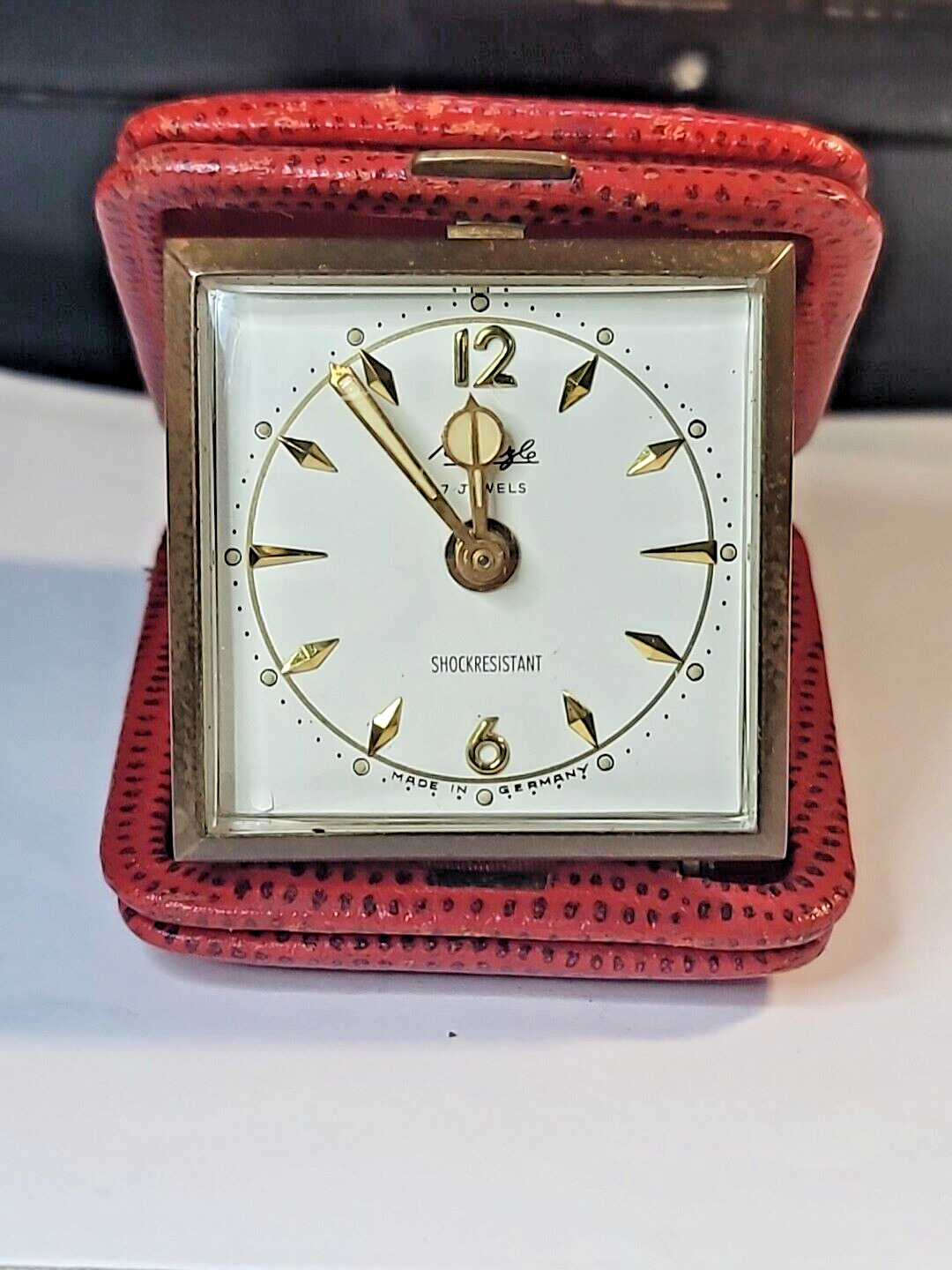 Vintage Kienzle Red Travel Alarm Clock 7 Jewels SHOCKRESISTANTKEEPS TIME/ALARMS