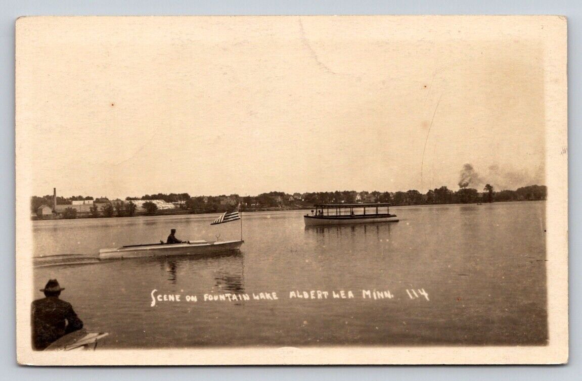 c1923 RPPC Boats Scene Fountain Lake Albert Lea Real Photo Minnesota P673