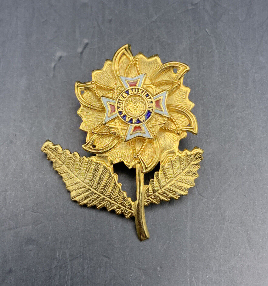 VFW Ladies Auxiliary Brooch Pin Flower Gold Tone Enamel Vintage