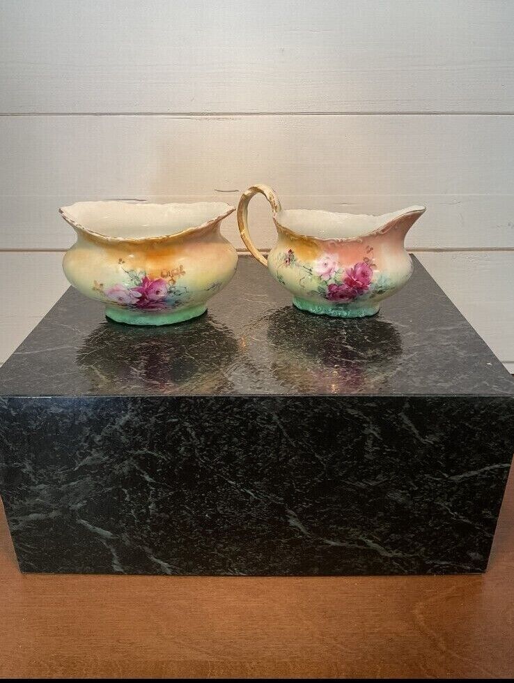 Creamer and Sugar Bowl - Vintage Porcelain - Hand Painted - Pink Roses