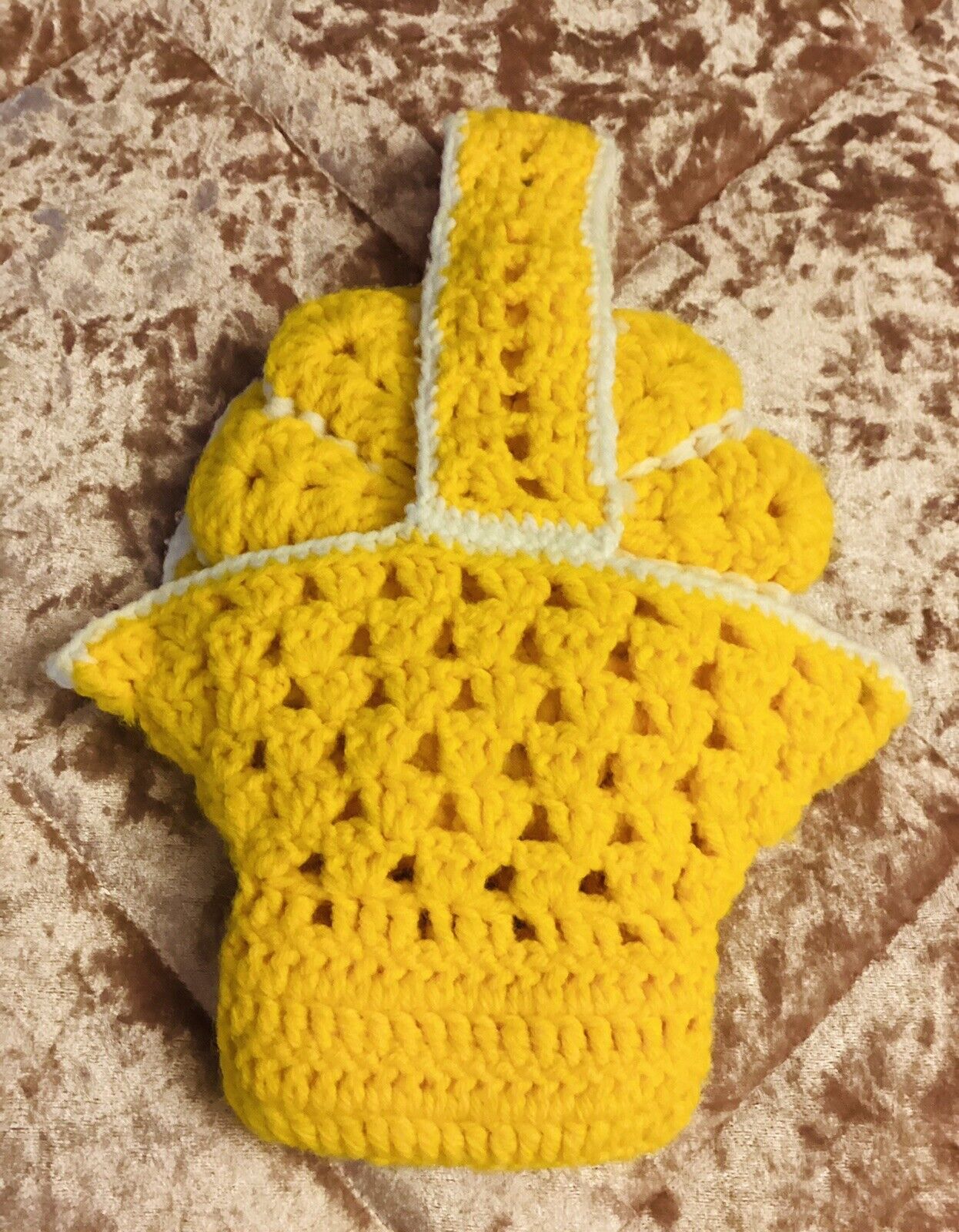 Vintage Vibrant Yellow and White Hand Crocheted Decorative Potholders and Basket