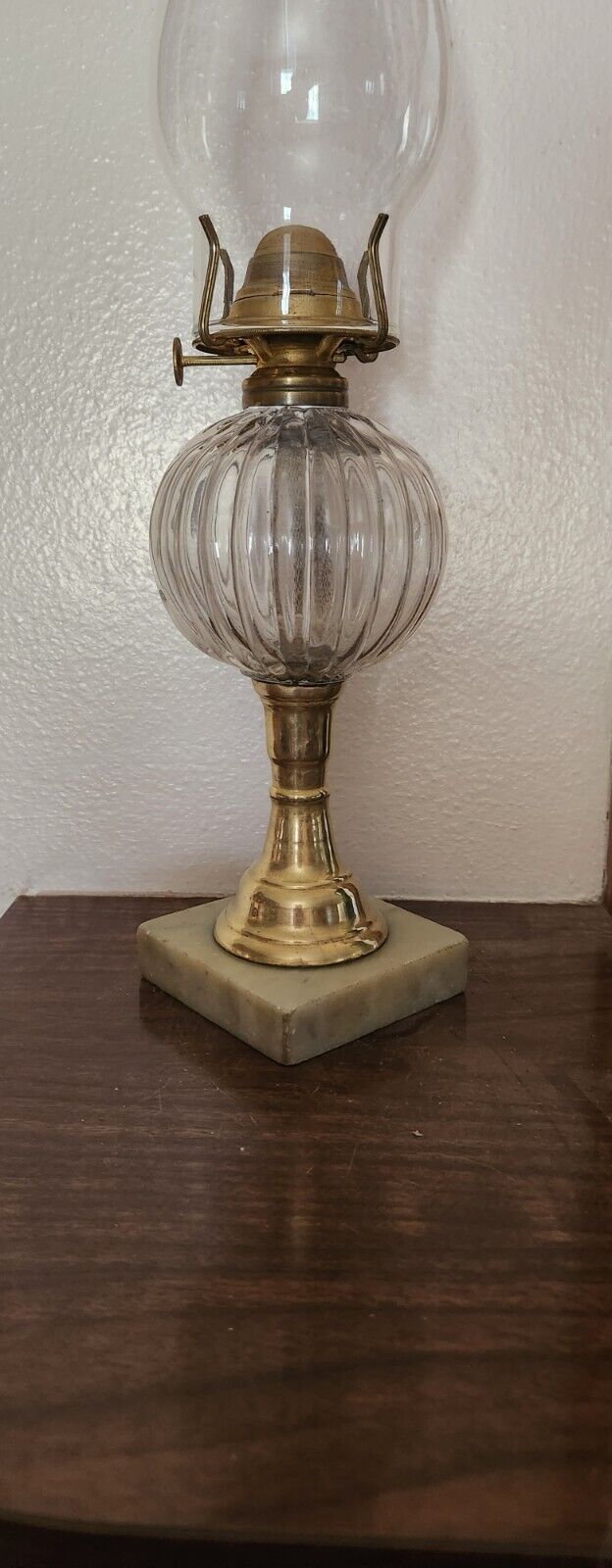 ANTIQUE MELON RIBBBED BLOWN GLASS OIL LAMP -\