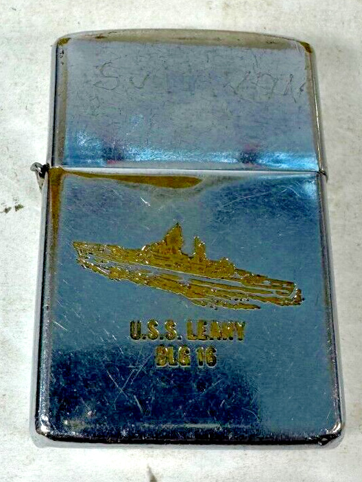 VINTAGE ZIPPO 1966 PAT 2517191 CHROME CIGARETTE LIGHTER USS LEAHY DLG 16