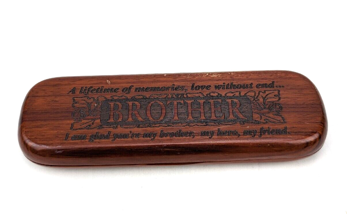 Vintage Wood Carved Pen or Pencil Gift for Brother Box Red Tone Flip Case G1