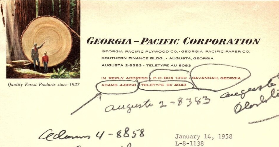 1958 GEORGIA-PACIFIC COPRORATION AUGUSTA GA BUYING LEASING SAWMILL LETTER Z846