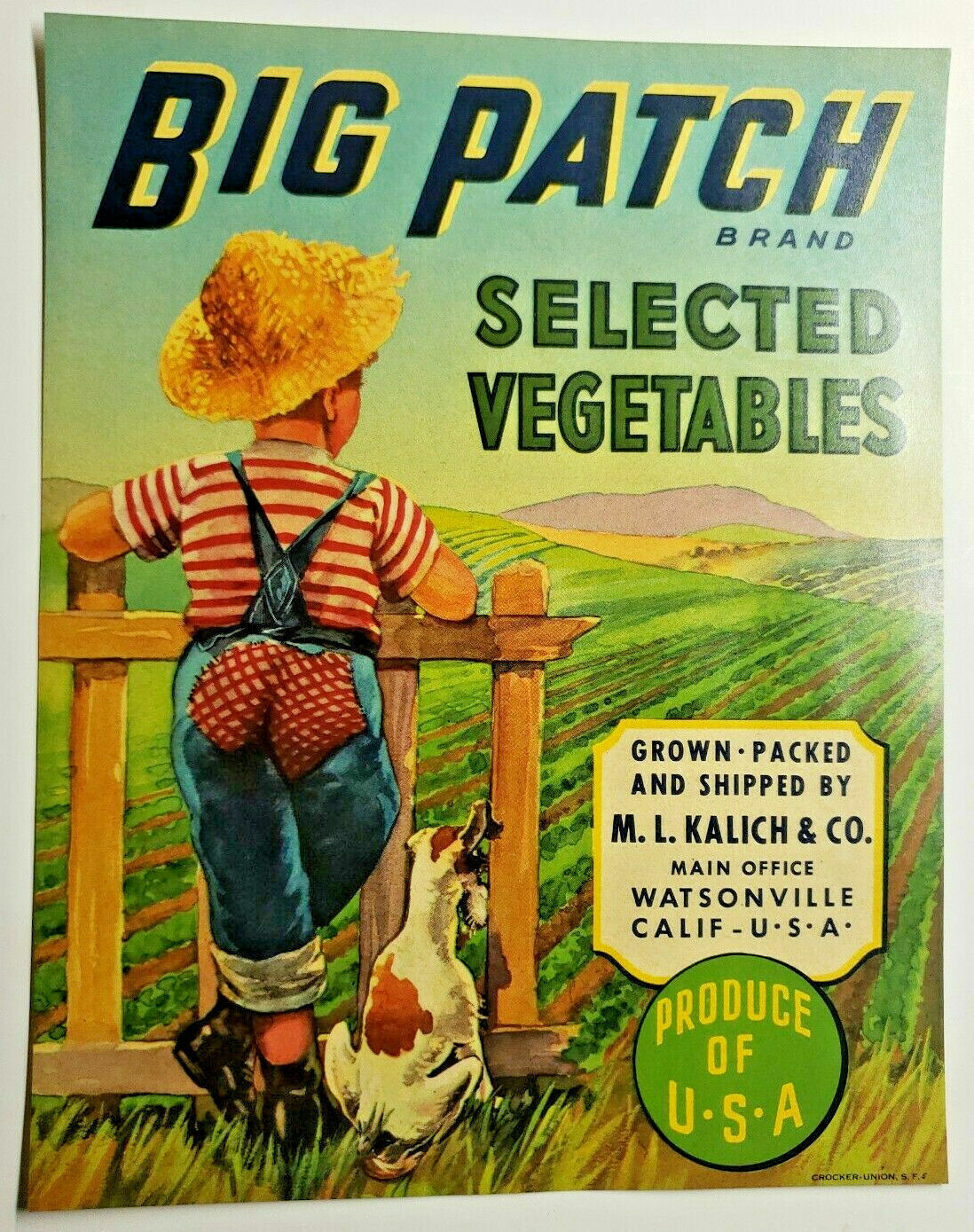 Vintage Unused Big Patch Vegetable Crate Label Watsonville, California (B-2)