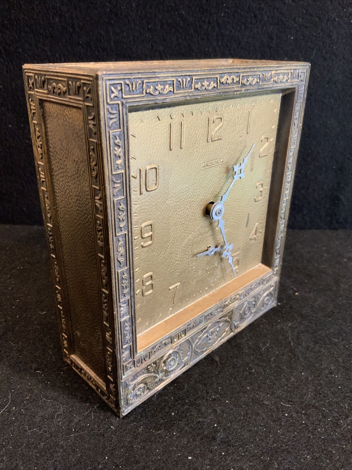Vintage Antique Wind Up Ansonia Bronze Brass Finish Alarm Clock shelf square