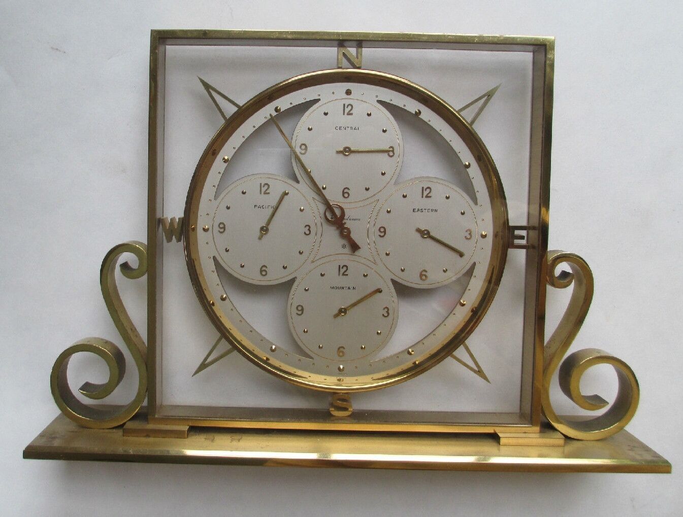 Remembrance  /    BRASS & GLASS 4 TIME ZONE CLOCK   /   Mantel or Desk 