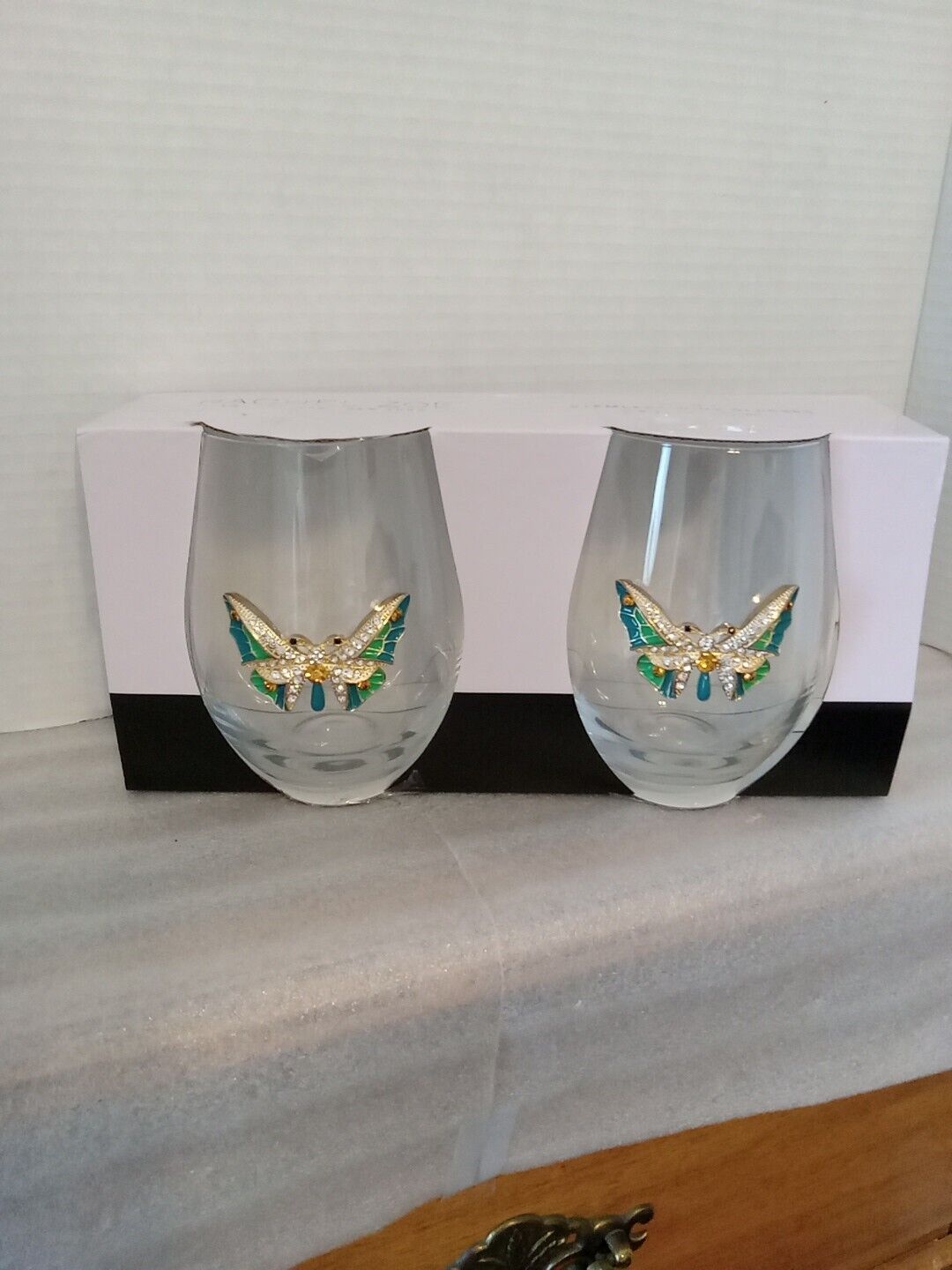 2 Rachel Zoe Jeweled Butterfly Wine Glasses new in box