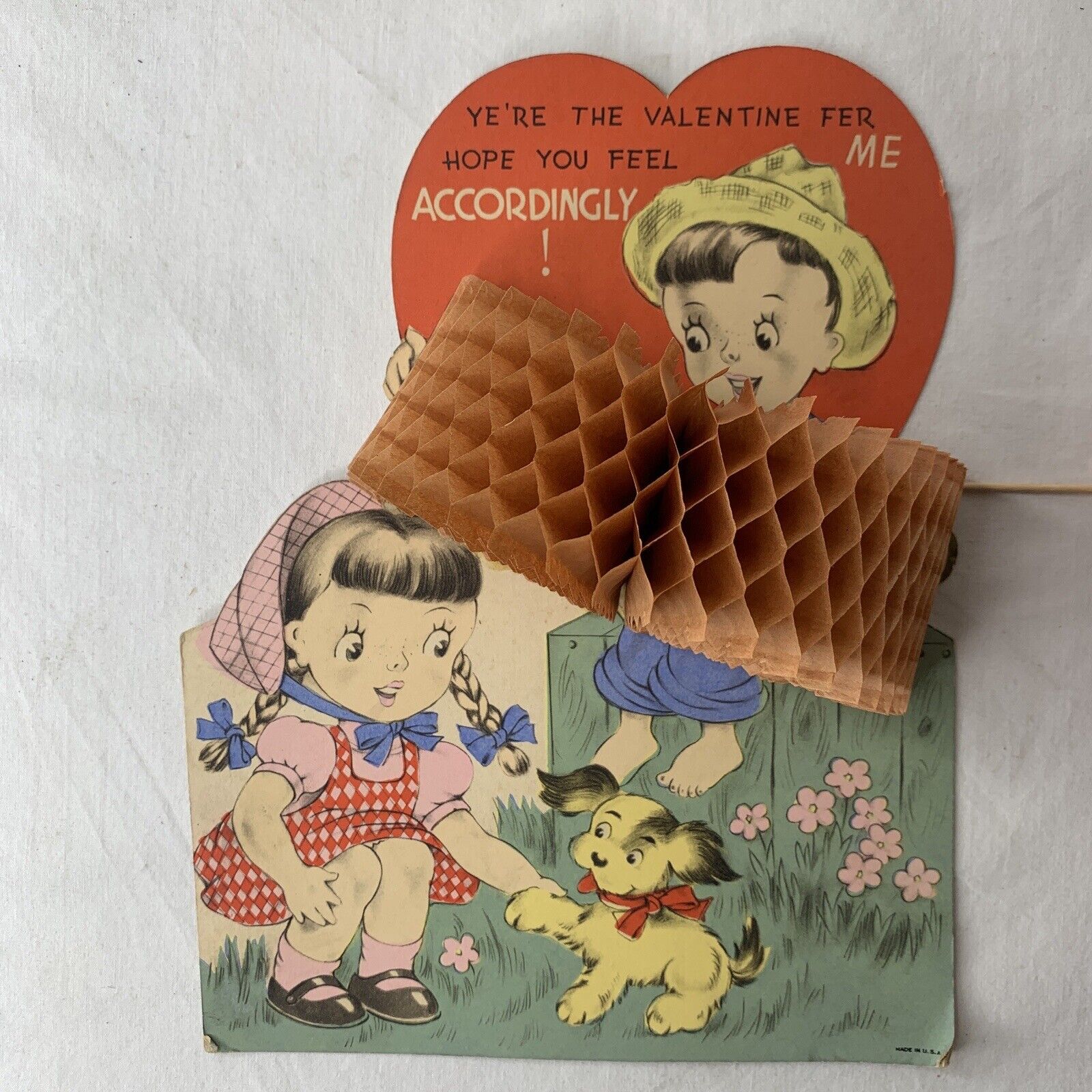 Vtg 1940s Large Honeycomb Valentine USA Boy Playing Accordion To Girl & Dog WWII