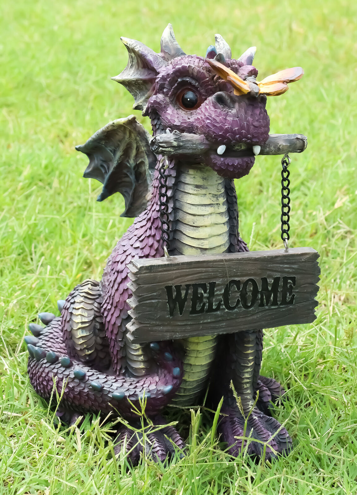 Whimsical Purple Garden Dragon With Butterfly Biting Welcome Plank Sign Figurine
