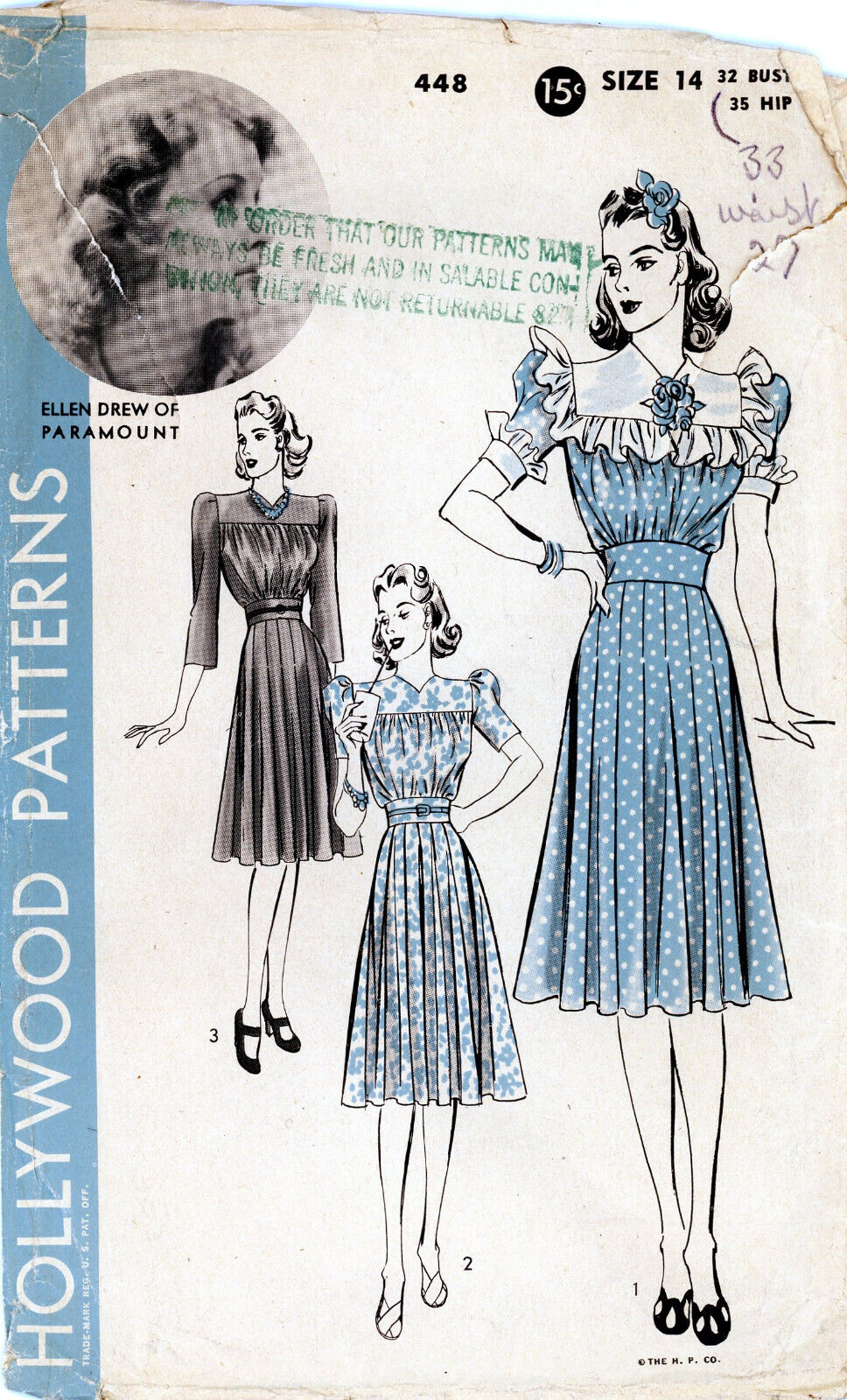 Vintage 1940s Women's Hollywood Patterns 448 Sz: 14/32  Dress Ellen Drew Inspire
