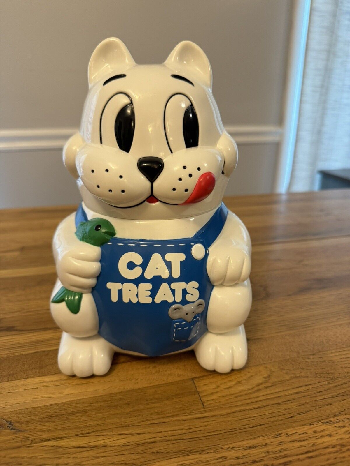 Vintage 1992 “Meowing” Cat Treat Cookie Jar White Plastic 9” X 6” - TESTED