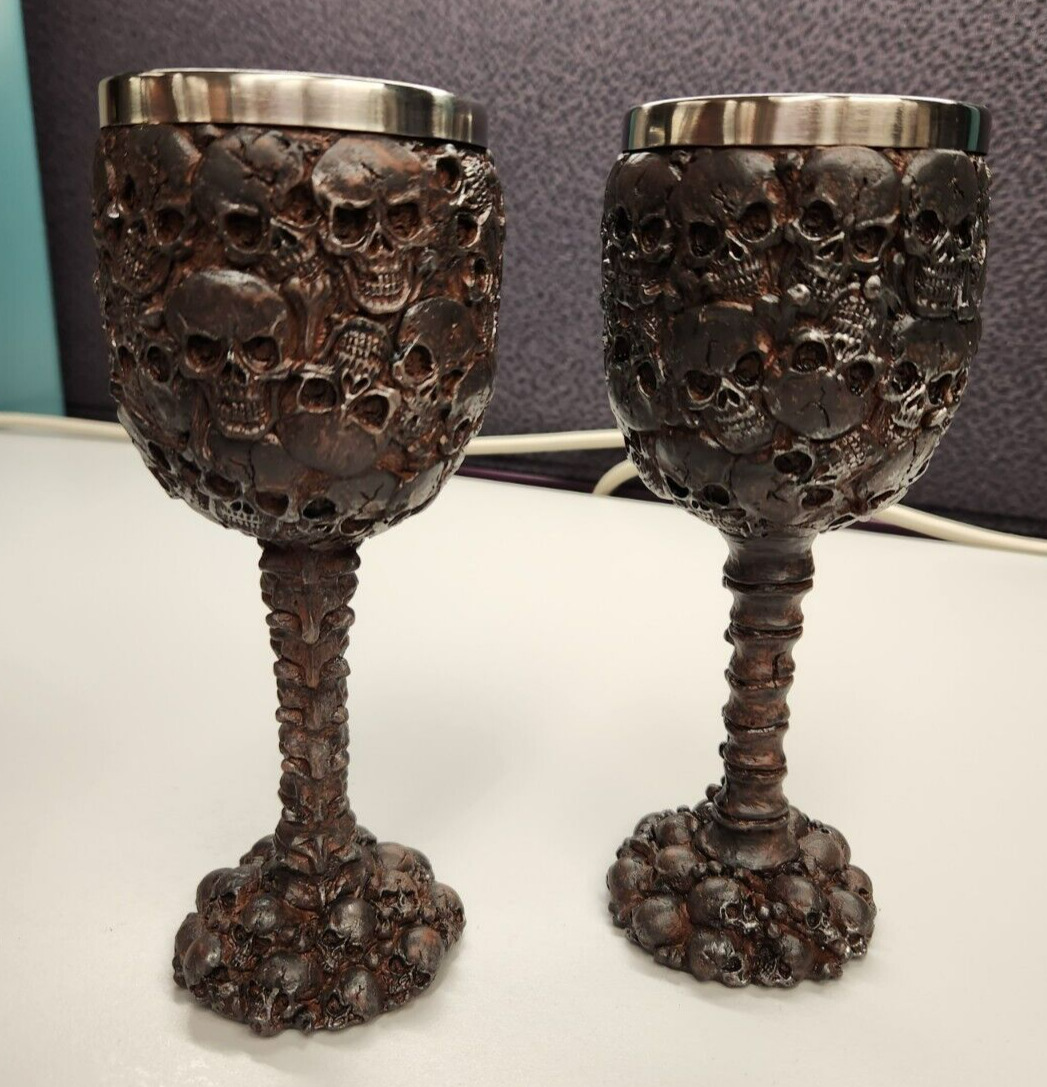 Ebros Stacked Skulls Red Rust Wine Goblet Metal Resin Catacombs