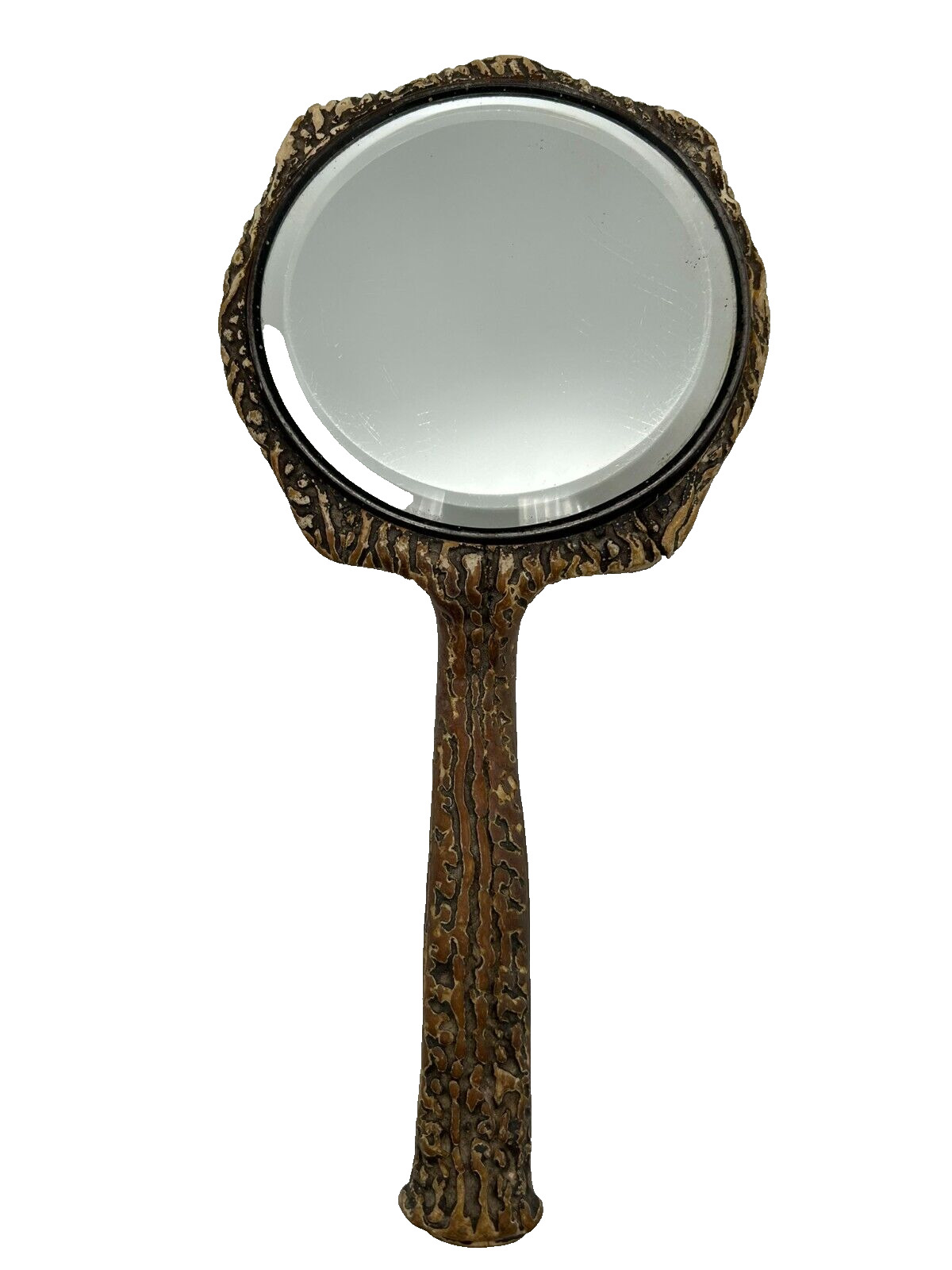 Antique Carved Faux Bois Renaissance Handheld Beveled Mirror With Backplate