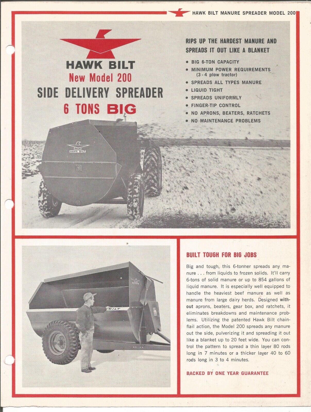 Original OE Hawk Bilt Model 200 Side Delivery Spreader Sales Brochure SS310 1-65