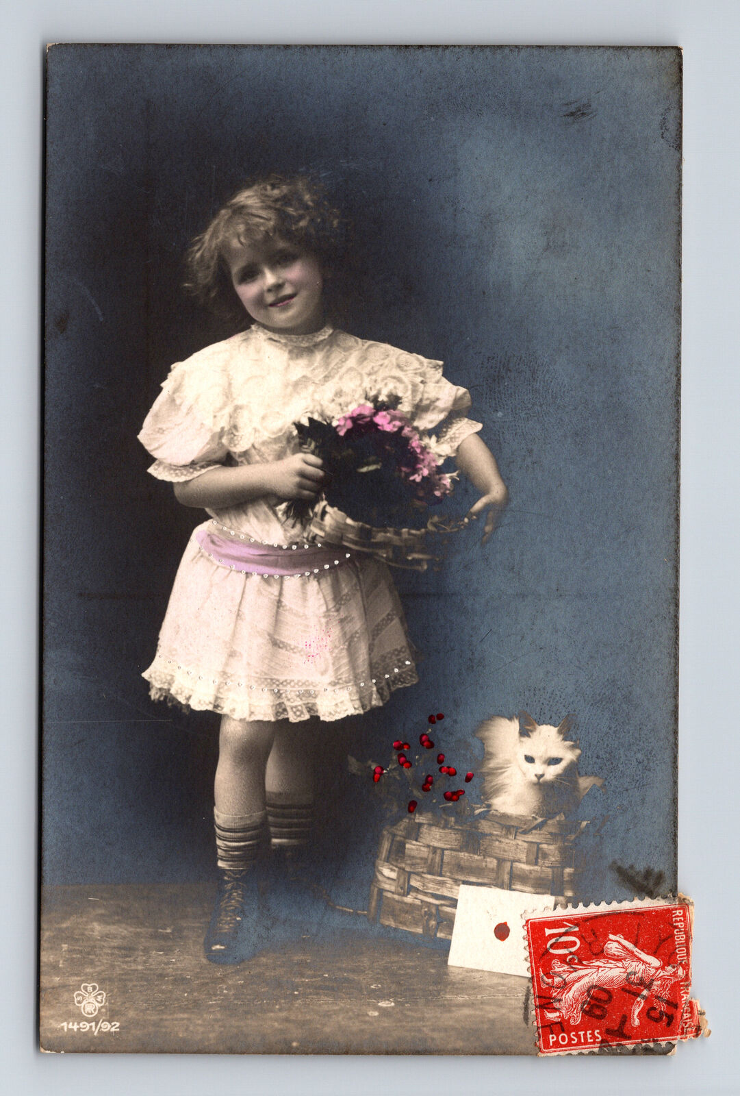 c1909 RPPC French Hand Colored Portrait Young Girl White Cat Flowers Postcard