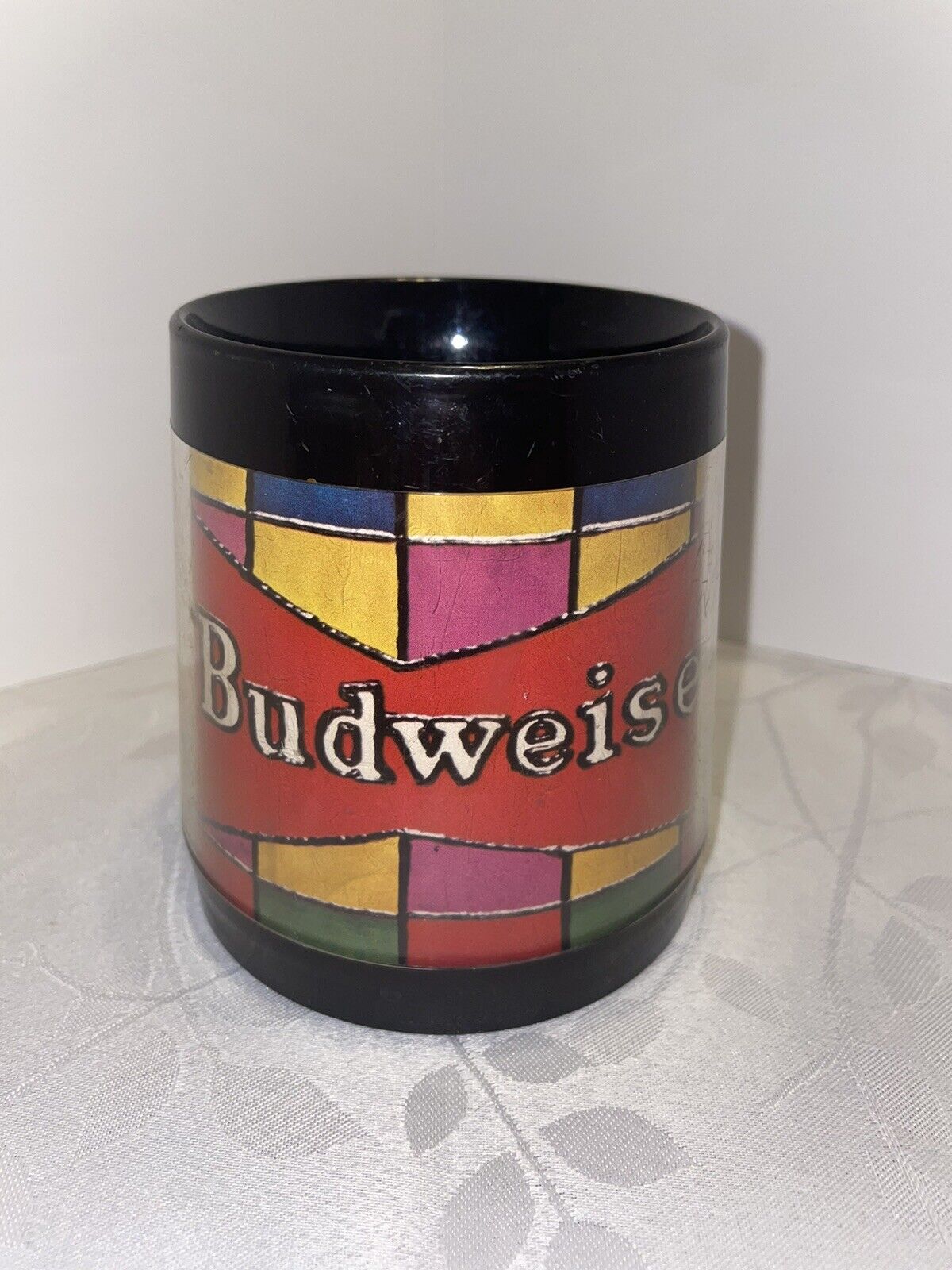 1970s BUDWEISER BEER STAINED GLASS WINDOW DESIGN THERMO-SERV PLASTIC COFFEE MUG