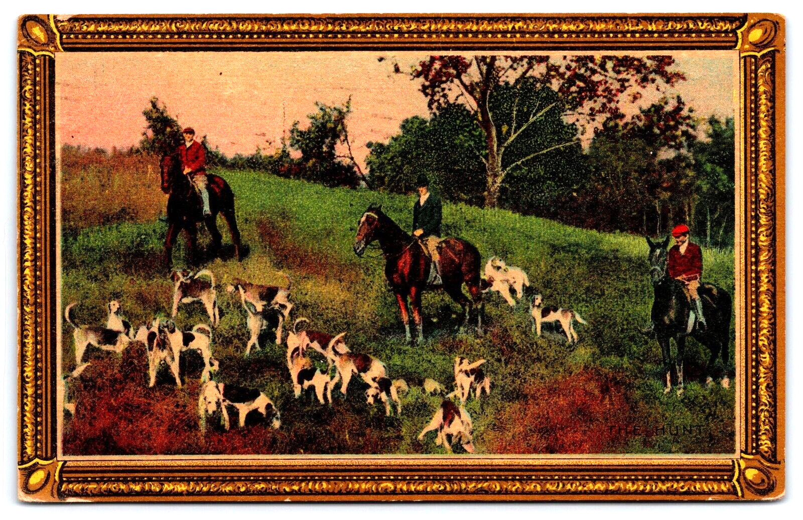 Antique 1910 Postcard Fox Hunting Scene Horses Fox Hounds Golden Frame A4