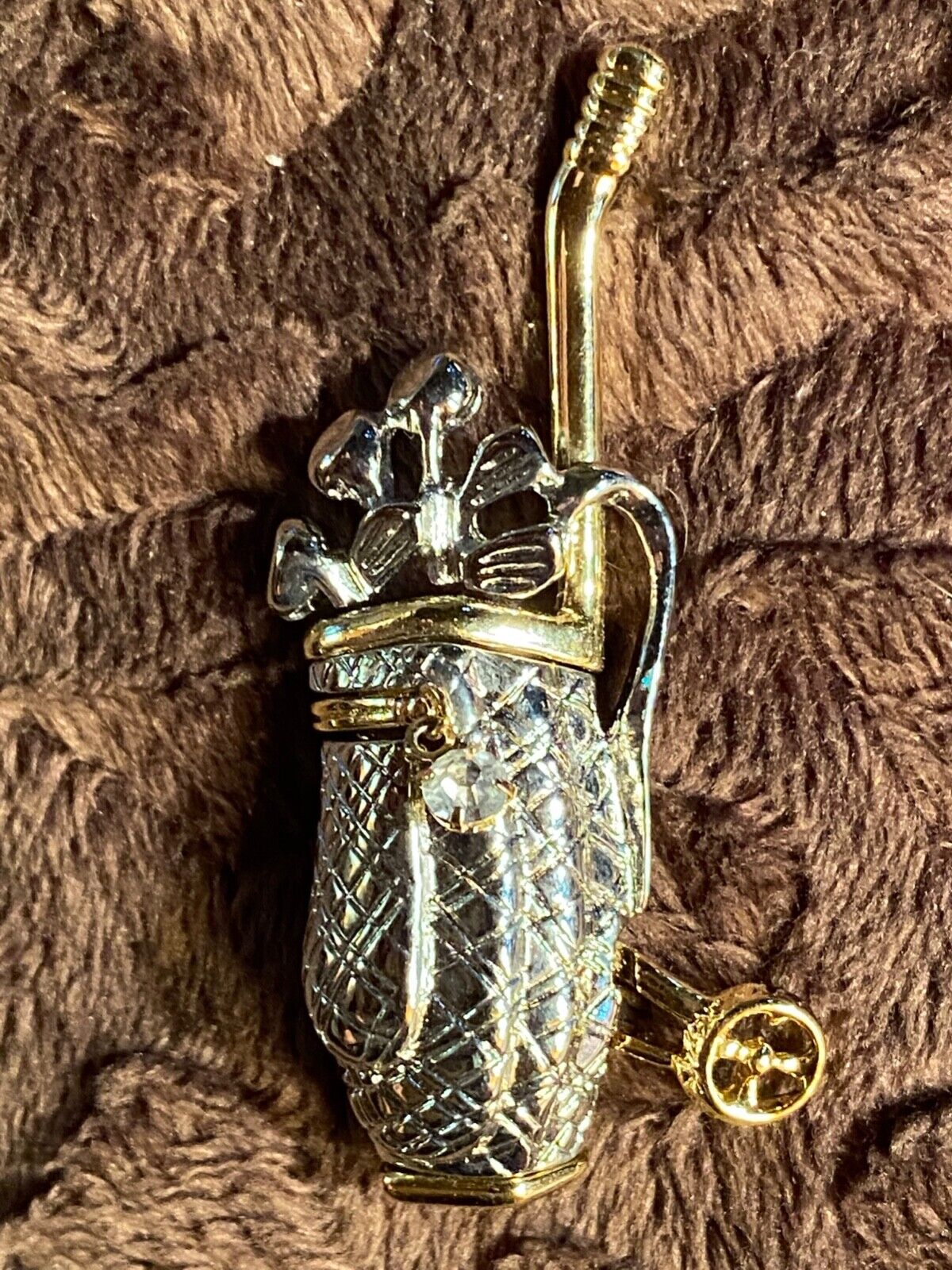 Vintage Gold Silver Tone Golf Clubs Bag Dangle RS Pin Brooch 2 1/4\