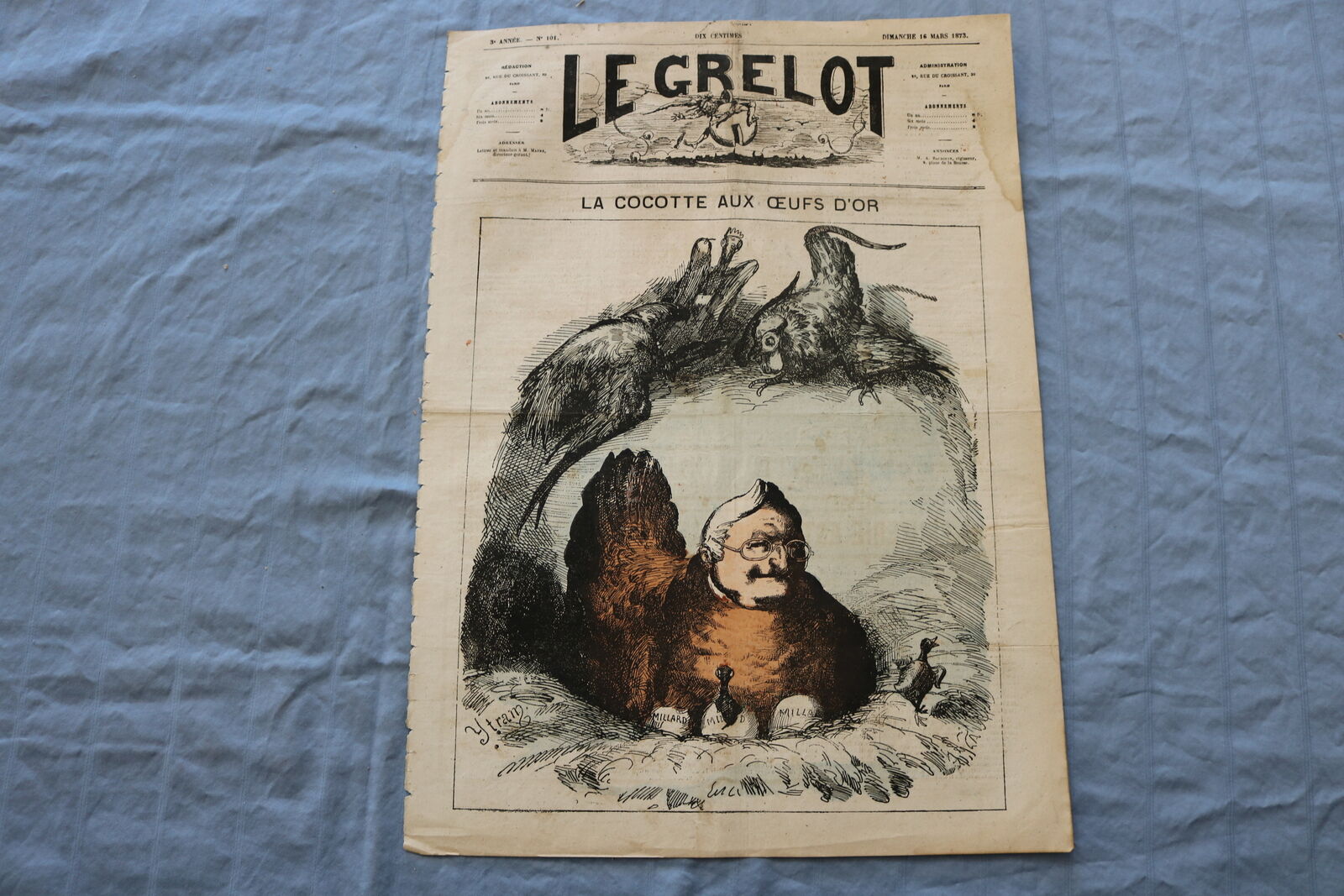 1873 MARCH 16 LE GRELOT NEWSPAPER - LA COCOTTE AUXOEUFS D'OR - FRENCH - NP 8616