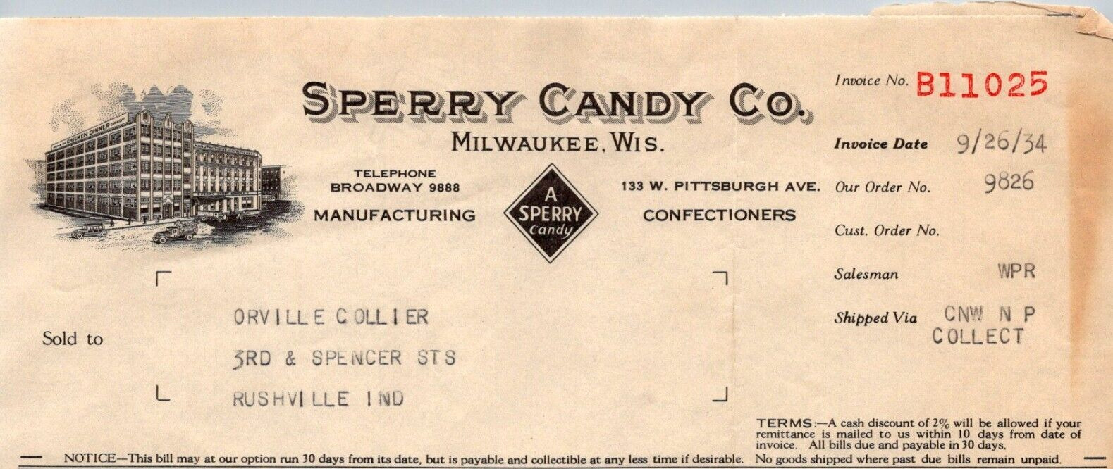 1934 Sperry Candy Co Invoice For  DENVER SANDWICH Milwaukee WI BS64