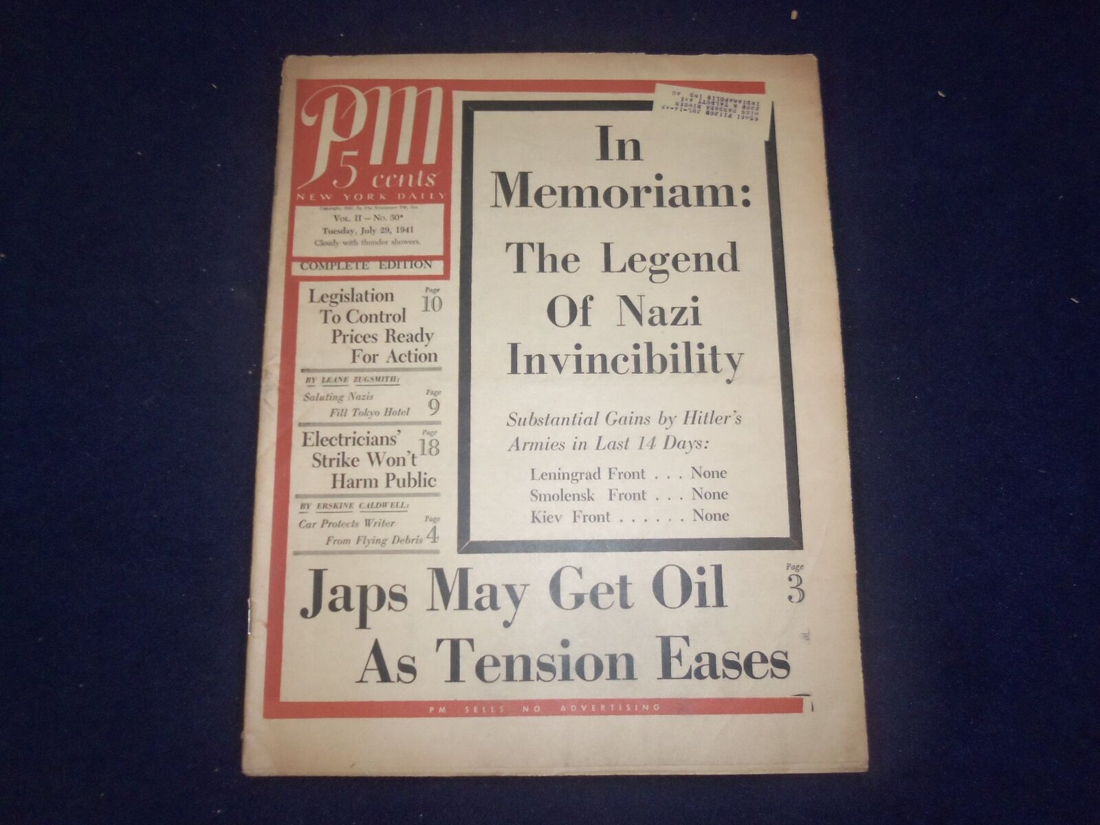1941 JULY 29 PM'S WEEKLY NEWSPAPER - THE LEGEND OF NAZI INVINCIBILITY - NP 7287