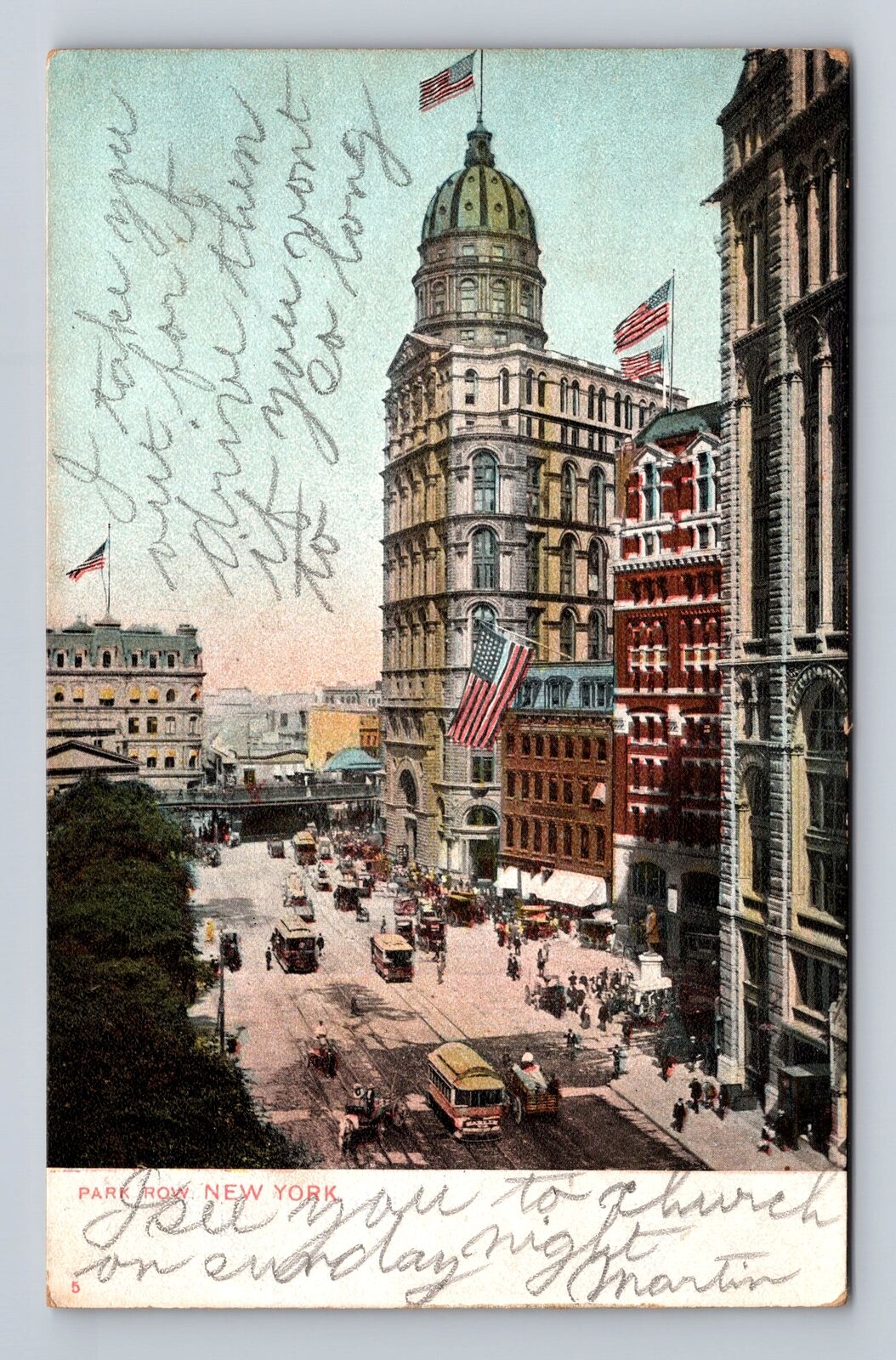 New York City NY, Park Row, Streetcars, Antique Vintage Souvenir Postcard