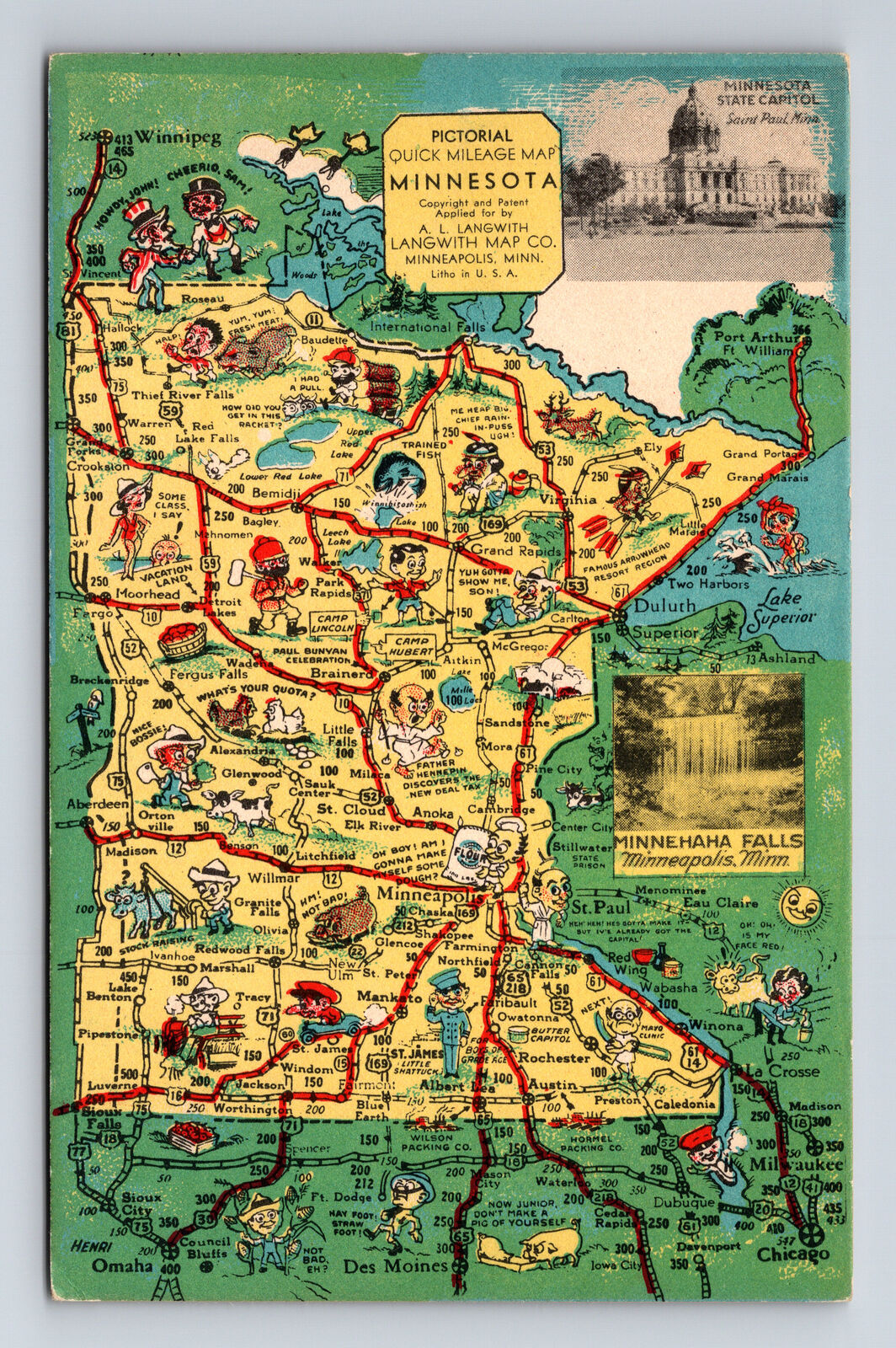 Pictorial Tourist Attraction Map Greetings From State of Minnesota MN Postcard