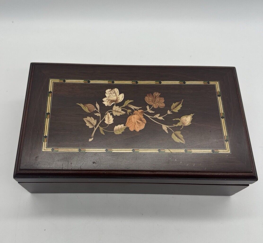 Jewelry Box Vintage Mid Century Modern Wood Floral  Mirrored Inlay Brown 9x5x3