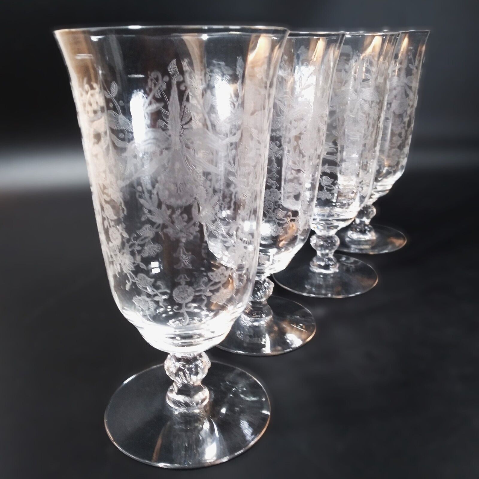 Set of 4 Heisey Orchid Crystal Iced Tea Glasses Goblets Stem 5025 Etch 507 12 Oz