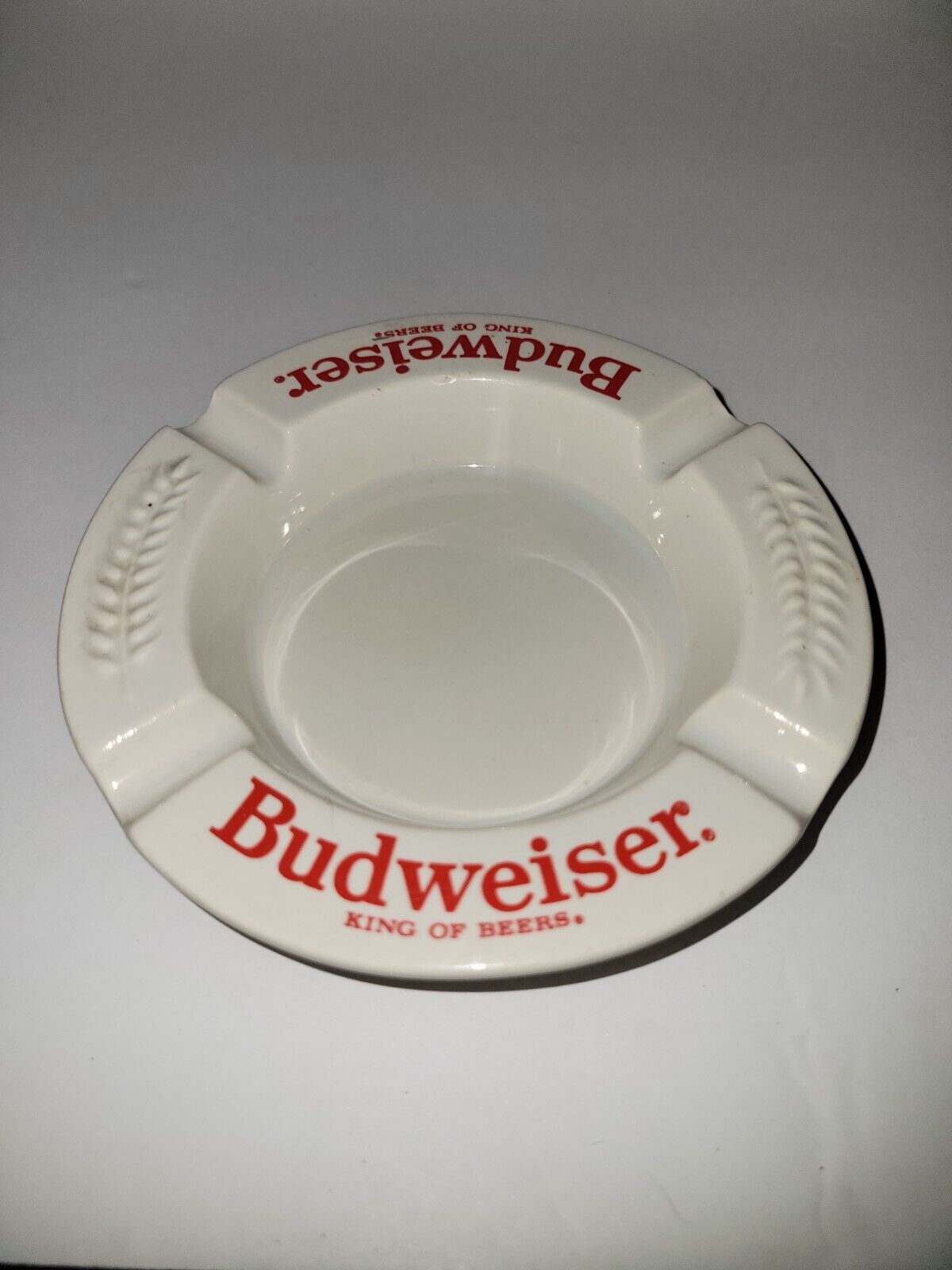 Budweiser King of Beers Ashtray Haeger Made in USA White Ceramic Busch Vintage