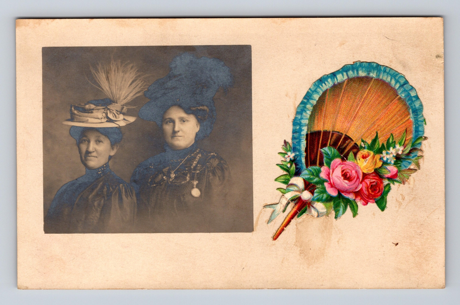 c1907-1908 RPPC Postcard Two Women in Large Plumed Hats Embossed Bouquet
