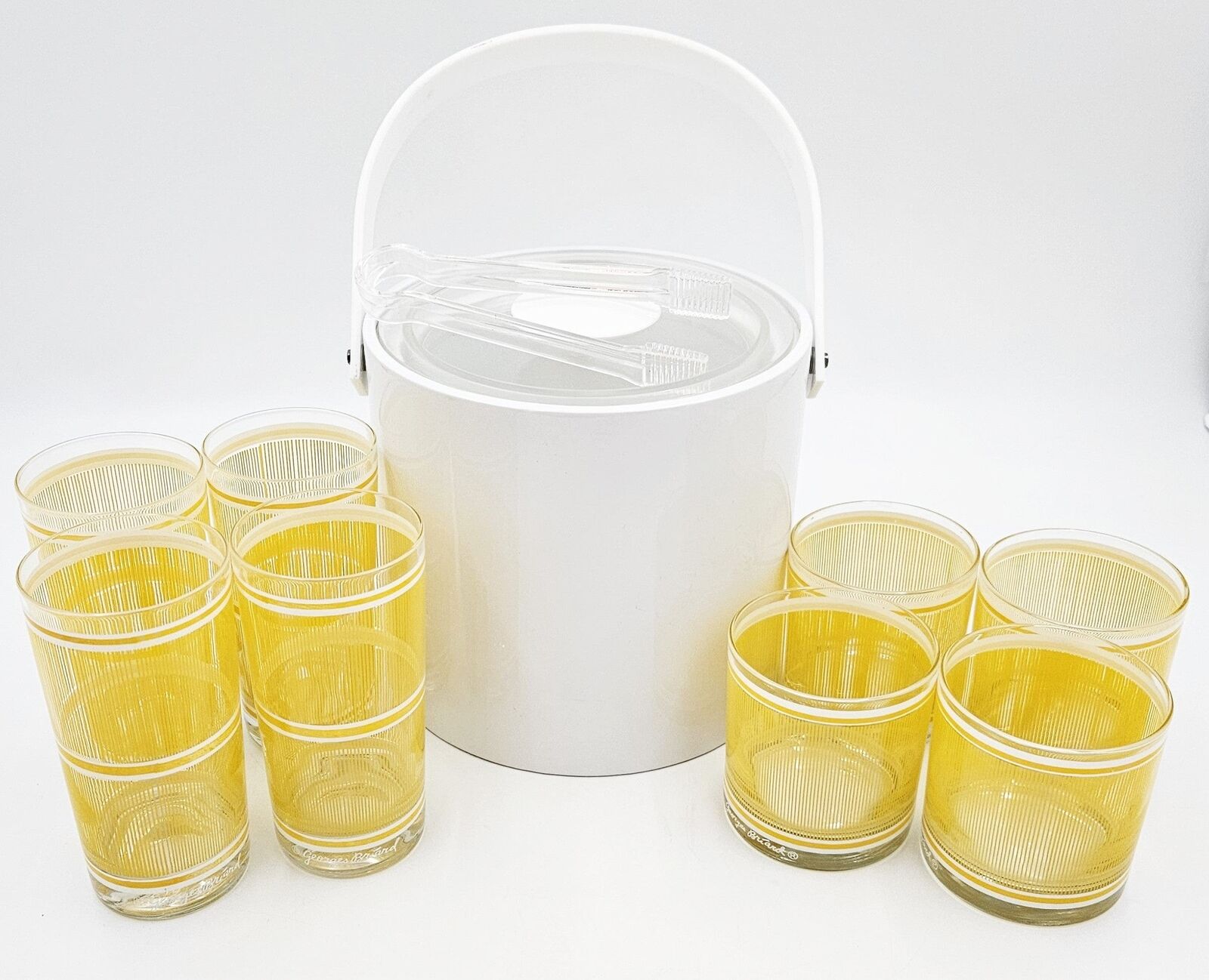 Rare Georges Briard Yellow White Icicles Glasses Ice Bucket Barware Set 1960s