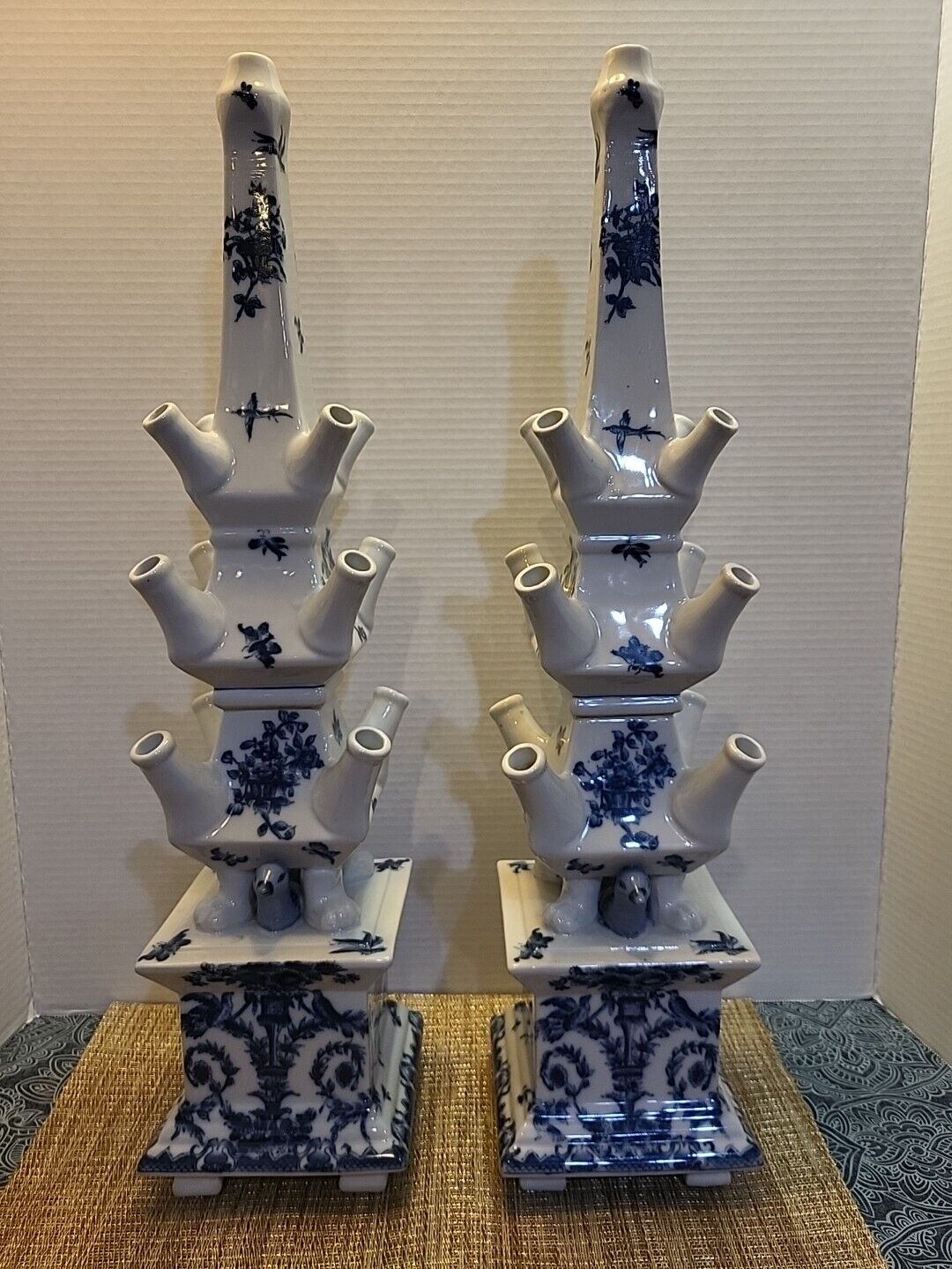 Vintage Pair of Tall Three Tiered Porcelain Tulipiere Vases By SP COLLECTION