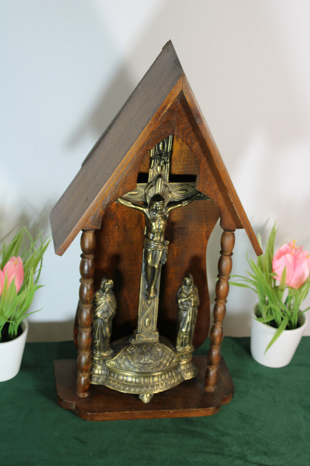 Antique french wood carved chapel crucifix religious 