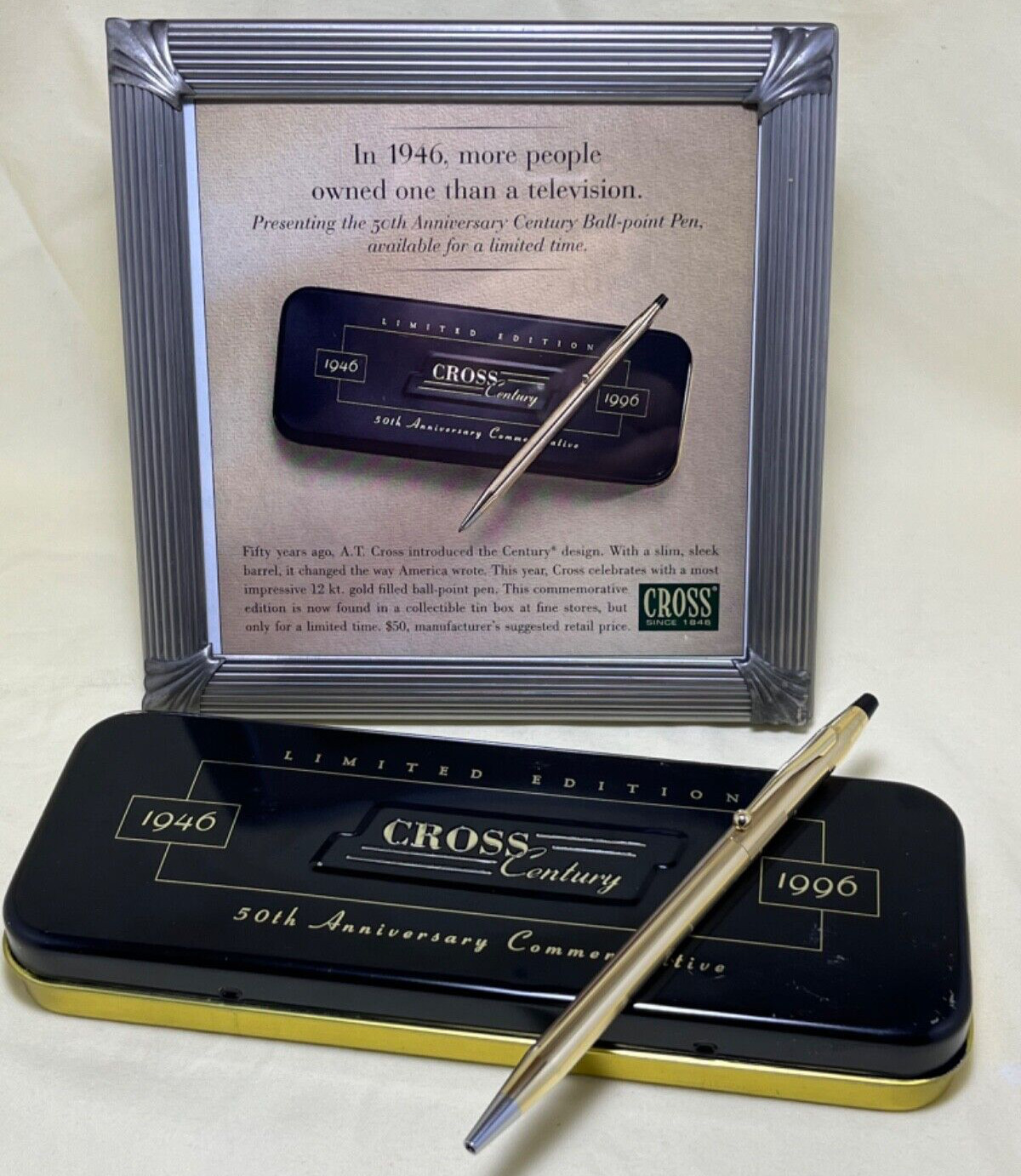 Cross 50th Anniversary Limited Edition 12K Gold Century Pen, Tin, Papers, Cloth