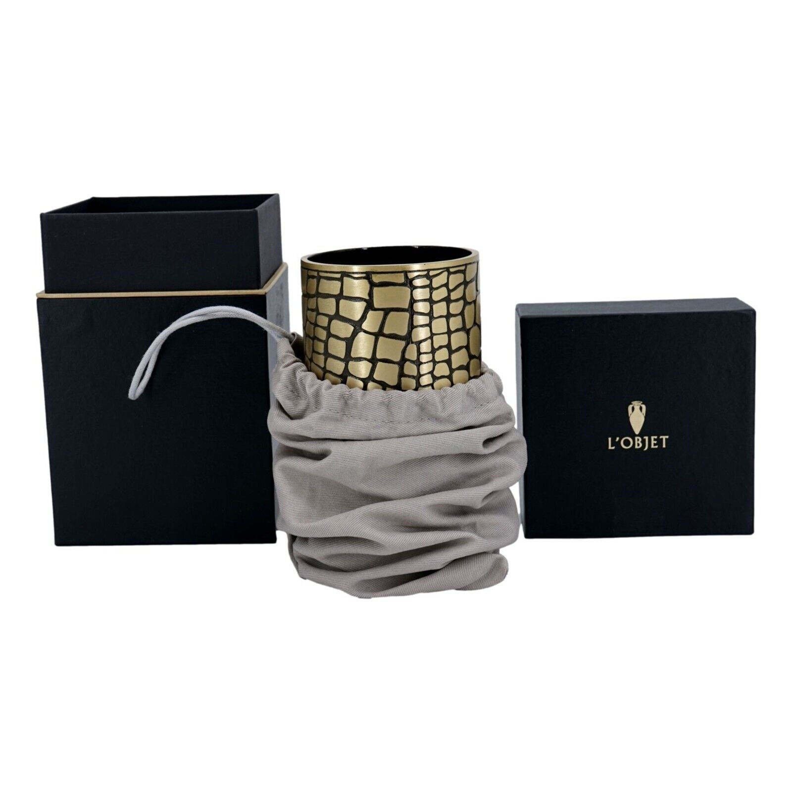 L\'Objet Crocodile Black and Gold Brass Vase with Box and Dust Bag