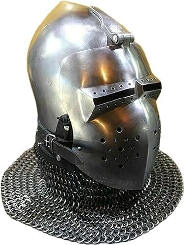 Medieval Combat Pig Faced Bascinet Helmet Chainmail 18G Steel Cosplay Helmet