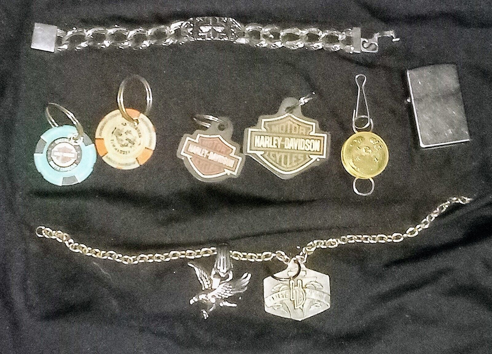 Harley Davidson Charms And Key Chain Lot With Zippo Lighter And Cross Bracelet