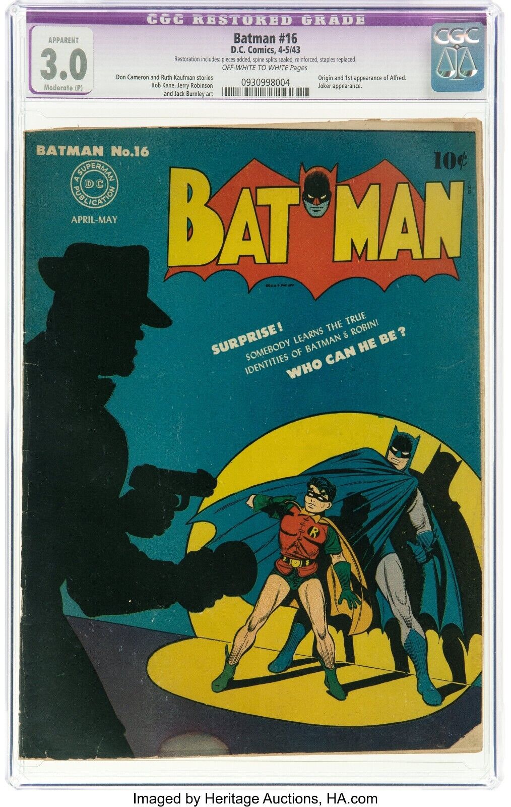 1943 D.C. Batman 16 CGC 3.0. 1st Appearance of Alfred