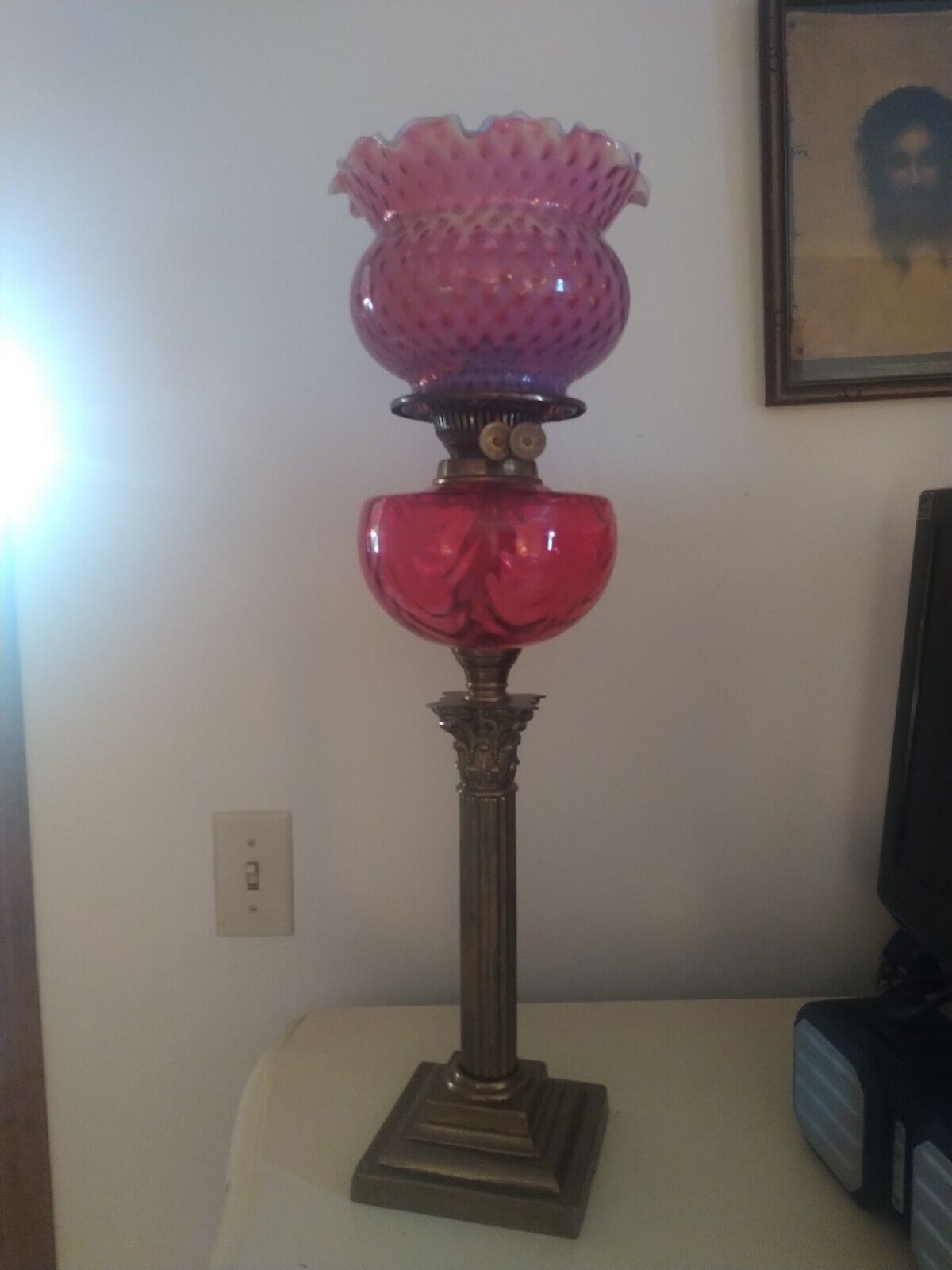 Antique Cranberry And Brass Corintian Column Banquet Duplex Oil Lamp