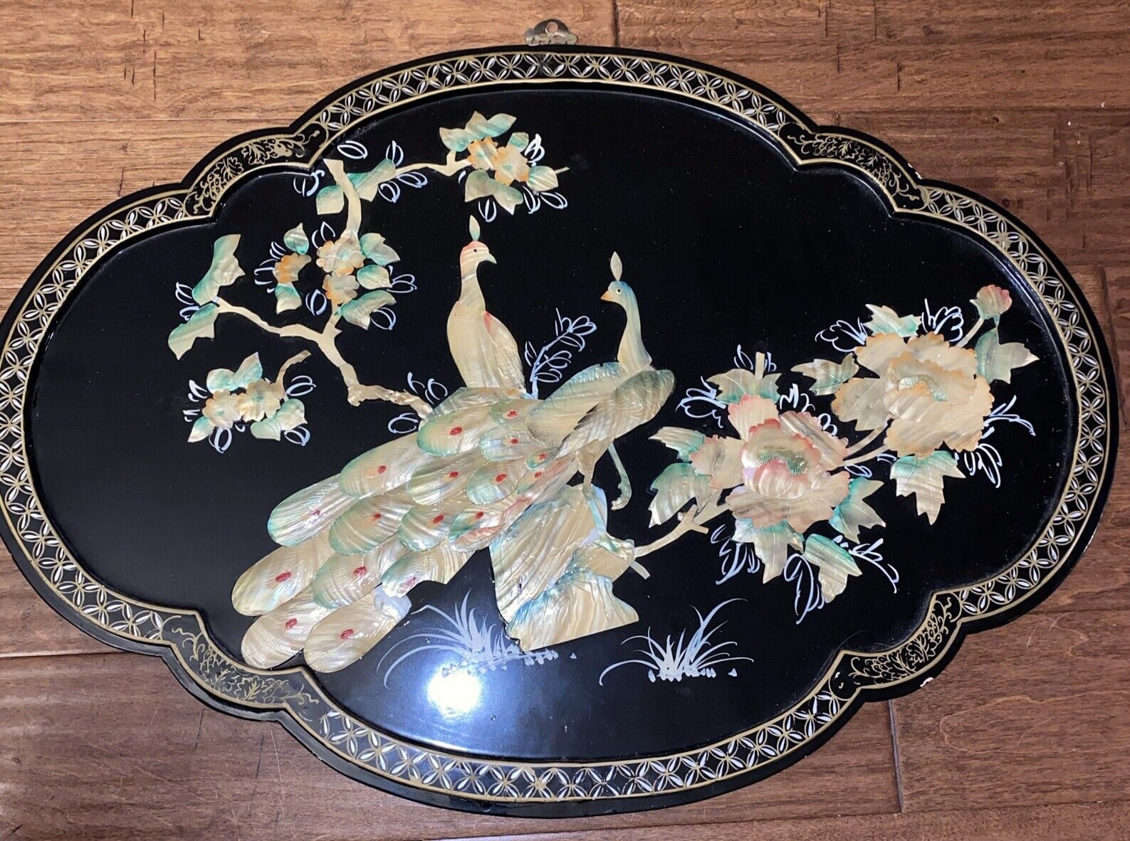 Vtg Asian Lacquer Mother of Pearl 3D Wall Picture Peacock & Flowers (read)