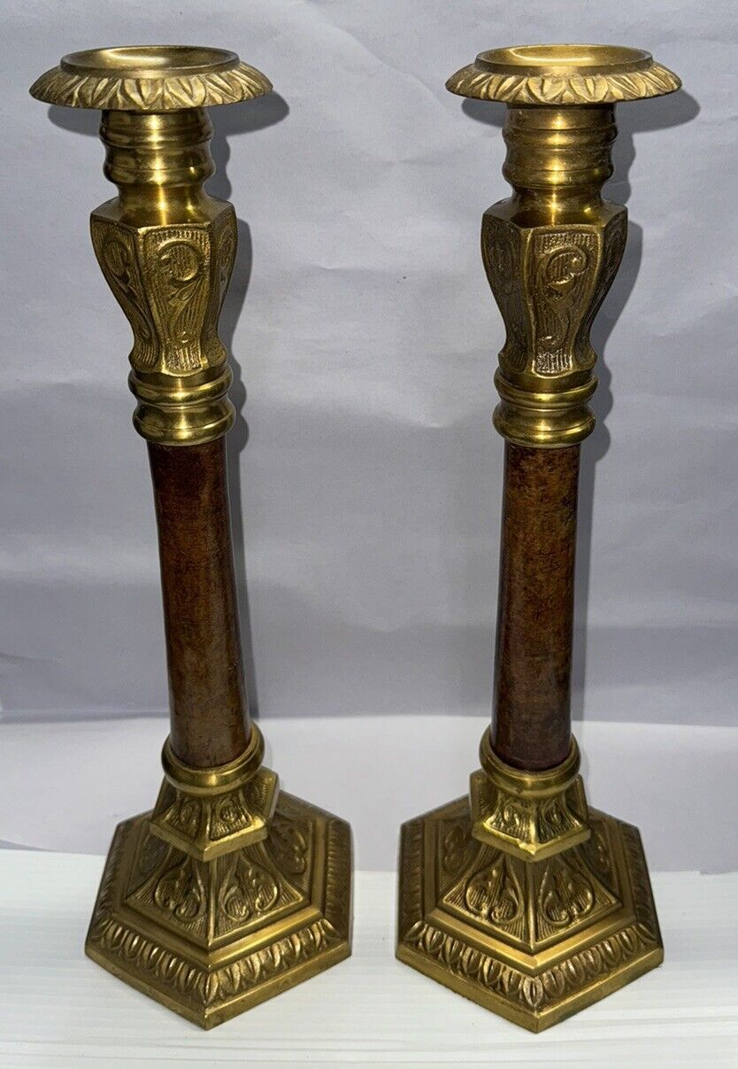 Pair Vintage Large Brass Pillar Candle Holders Ornate Pedestal 15” Tall India