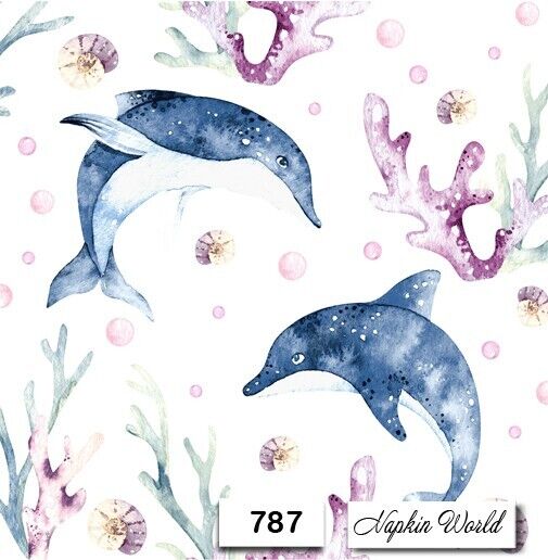 (787) TWO Paper LUNCHEON Decoupage Art Craft Napkins - DOLPHINS SEA OCEAN CORAL