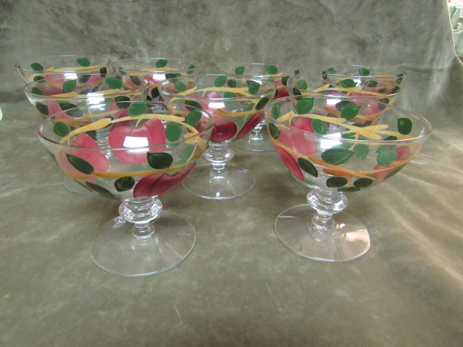 1950\'s Imperial Glass Franciscan China Apple Tall Sherbet Stem Lot of 9 Pieces