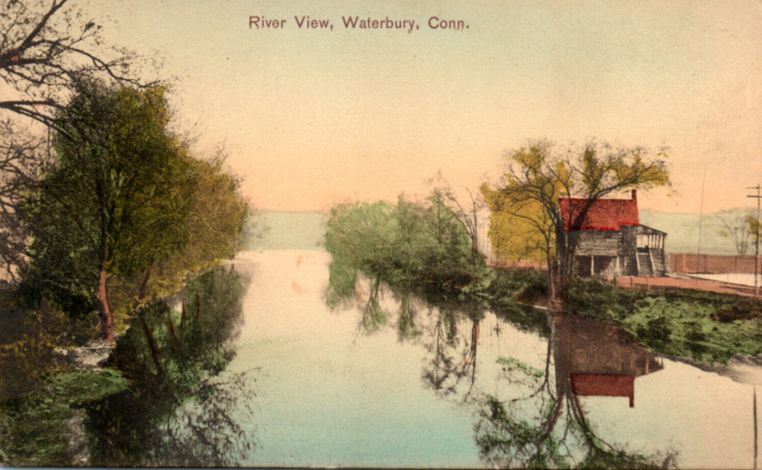 Waterbury Connecticut Hand Colored River View Riverside Building Postcard