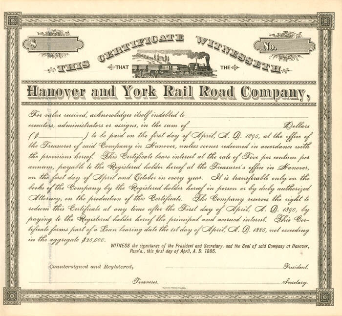 Hanover and York Rail Road Co. - Stock Certificate - Railroad Stocks